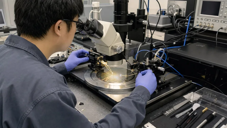 Engineer operating a manual probe station for wafer-level electrical measurements